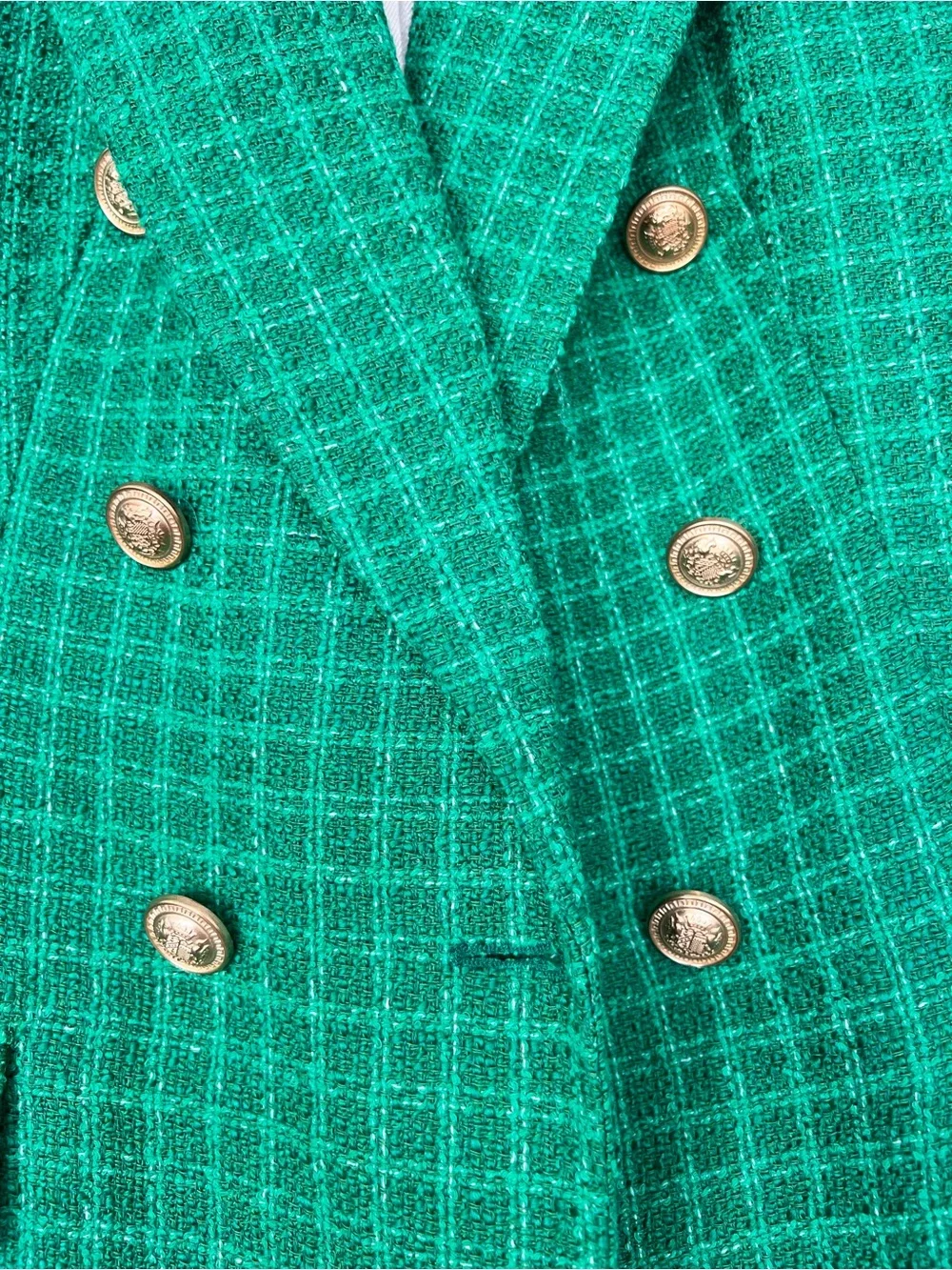 Zara Emerald Green Textured Tweed Double Breasted Blazer Gold Buttons Size Small - Picture 3 of 10